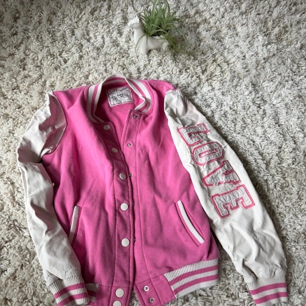 Stylish Reflex Varsity Y2K early 2000s color block vintage Jacket in Pink and Wh - Picture 2 of 9